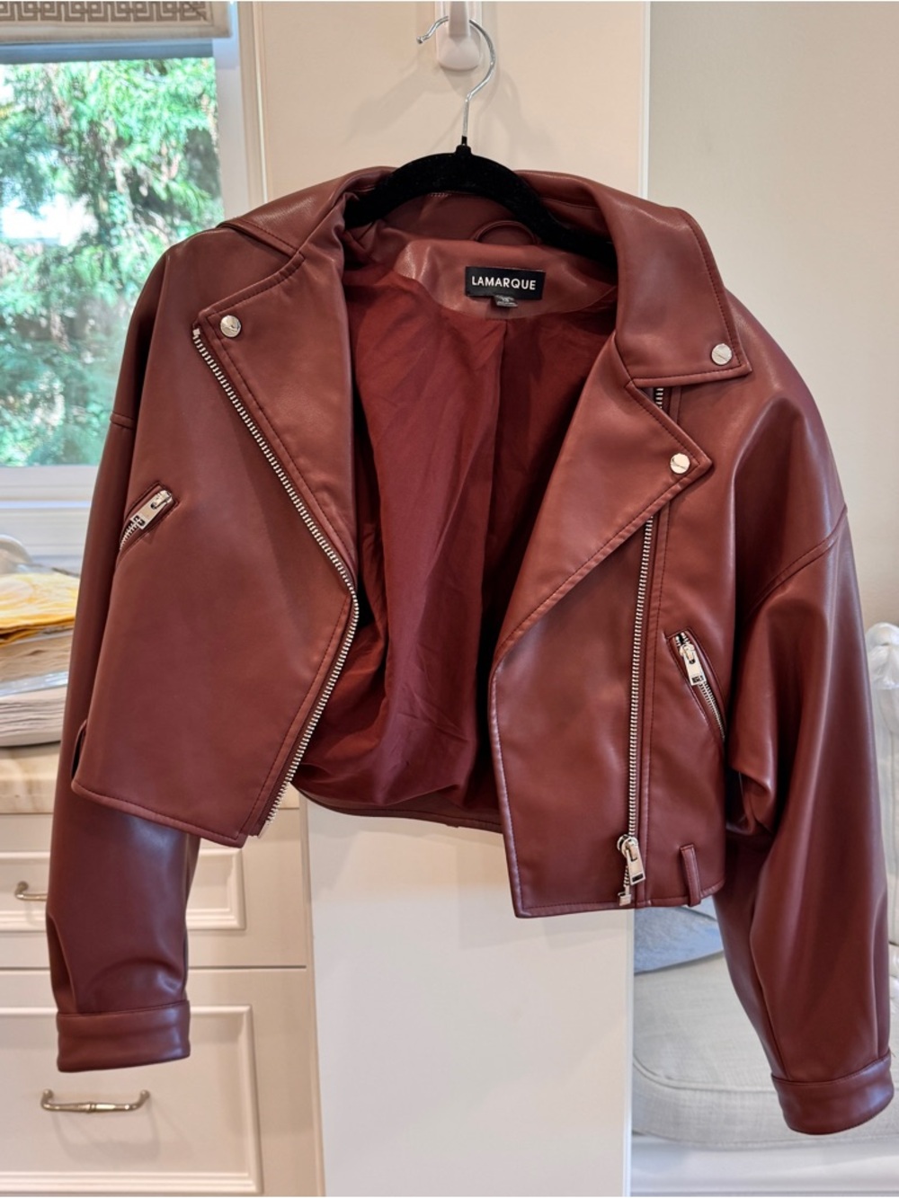Lamarque Wine Red Cropped Leather Moto Jacket